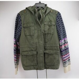 Aeropostale Olive Green Military‎ Jacket Sweater Knit Sleeves Hooded Large